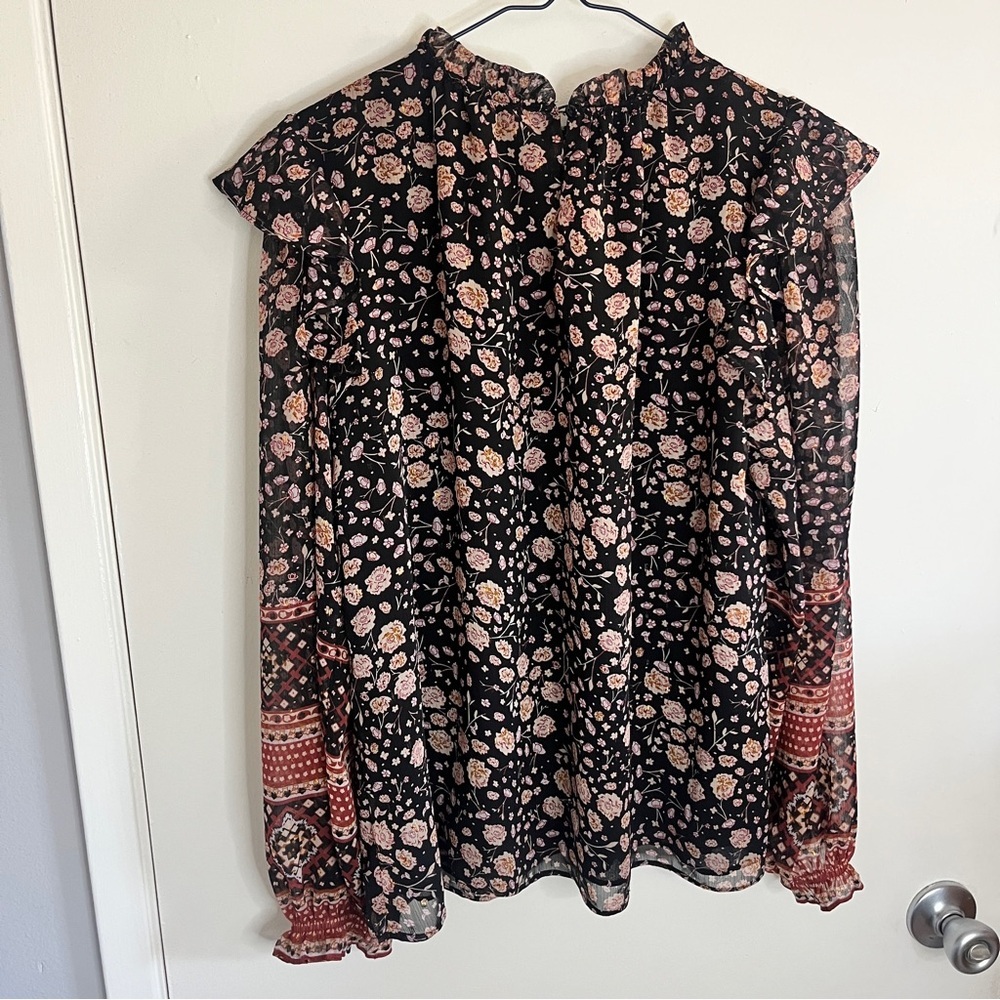 Rachel Zoe Black Metallic Floral Boho Puff Sleeve High Neck Relaxed  Blouse - Picture 7 of 11
